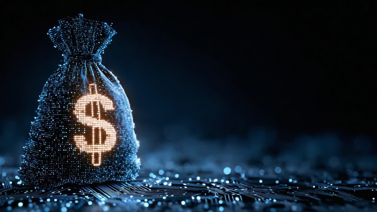 Digital Representation of Wealth: A Glowing Money Bag Symbolizing Financial Growth and Prosperity in a Modern Technological Landscape