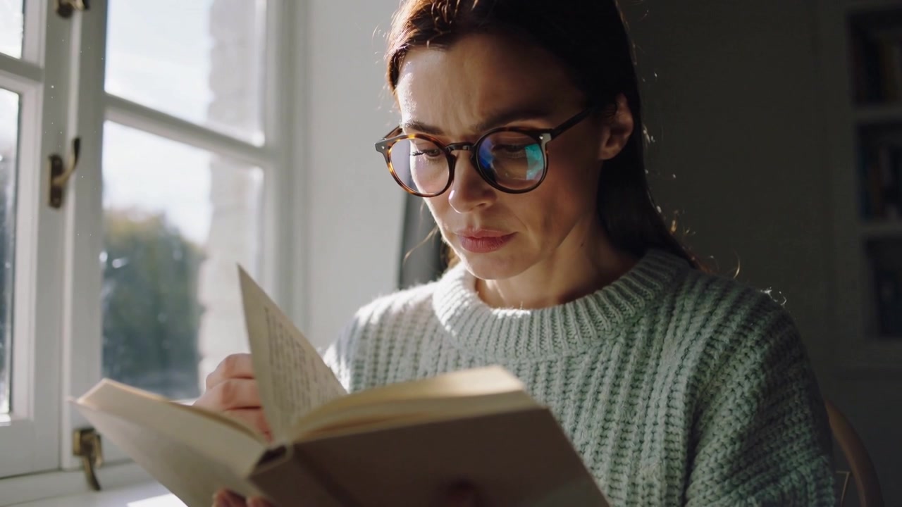 Reading woman in sweater turning hardcover book pages at home window, sunlight falling on lenses