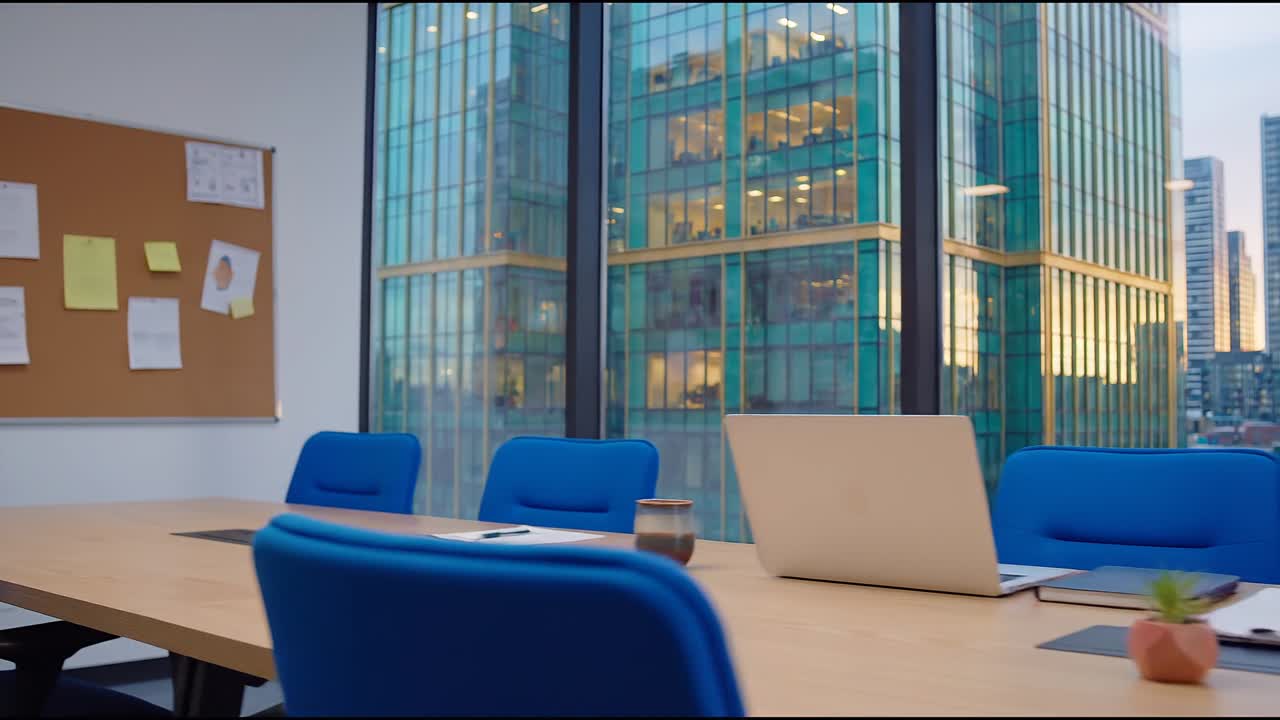 Scrivania d'ufficio moderna con laptop aperti e skyline cittadino visibile attraverso ampie finestre.