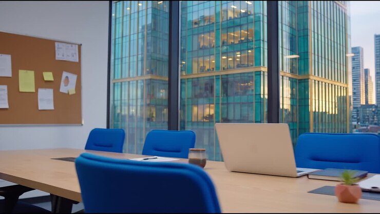 Scrivania d'ufficio moderna con laptop aperti e skyline cittadino visibile attraverso ampie finestre.