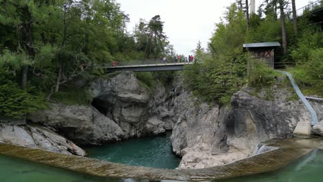 Lechfall-Fussen-Germany--stepped-waterfall-drone-aerial-view