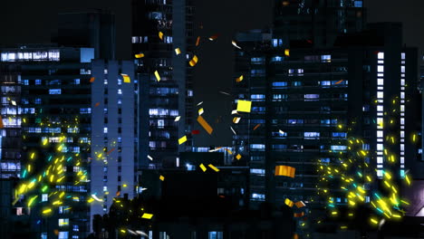 Animation-of-confetti-and-cityscape-on-black-background