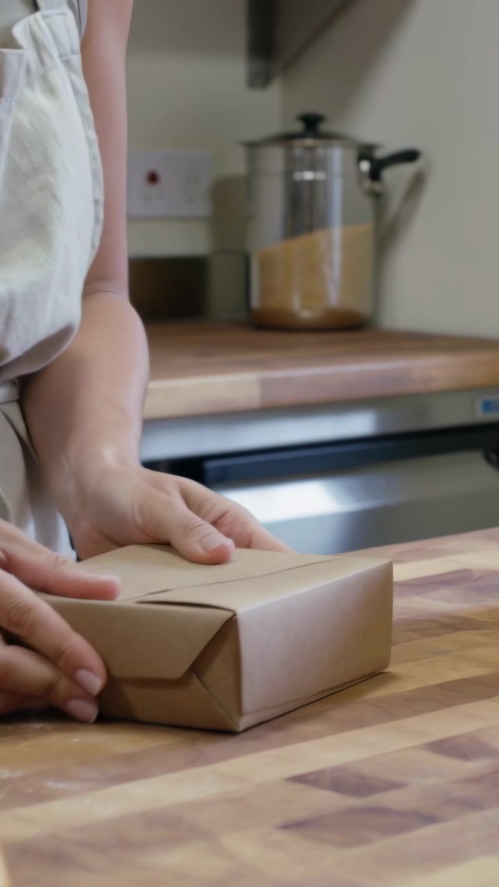 Vertical video: Packing baker reaching for roll, placing into kraft box at counter in apron, to-go