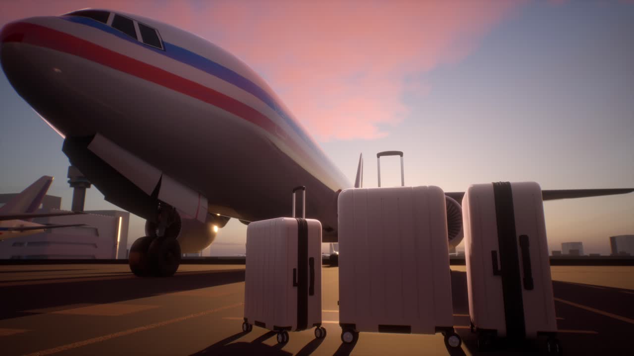 Maletas en la pista de aterrizaje frente a un avión durante el atardecer. Clase ejecutiva de lujo, nueva y blanca, para personas de alto poder adquisitivo.