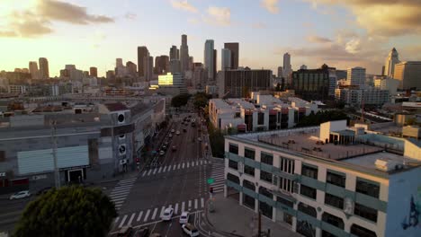 aerial wide shot fast push into los angeles california skyline