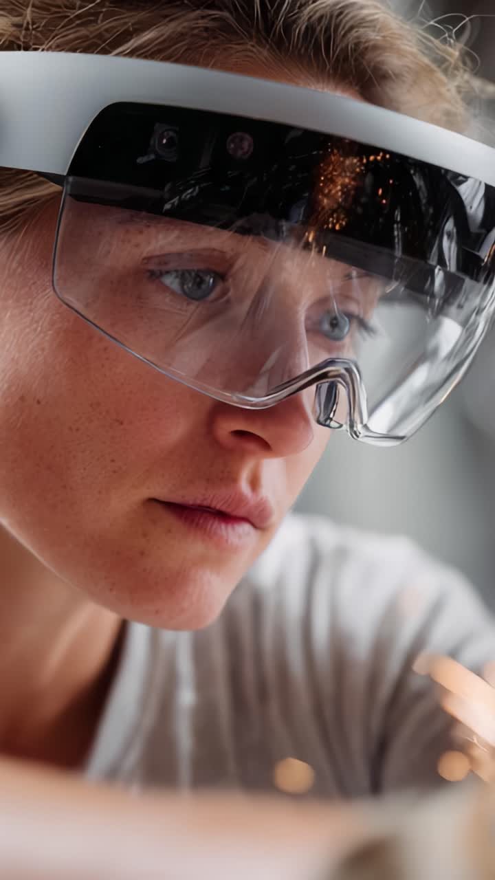 Close-Up of a Focused Woman Wearing Protective Eyewear, Concentrating on Detailed Work with Intense Focus and a Soft Background Light Enhancing the Scene