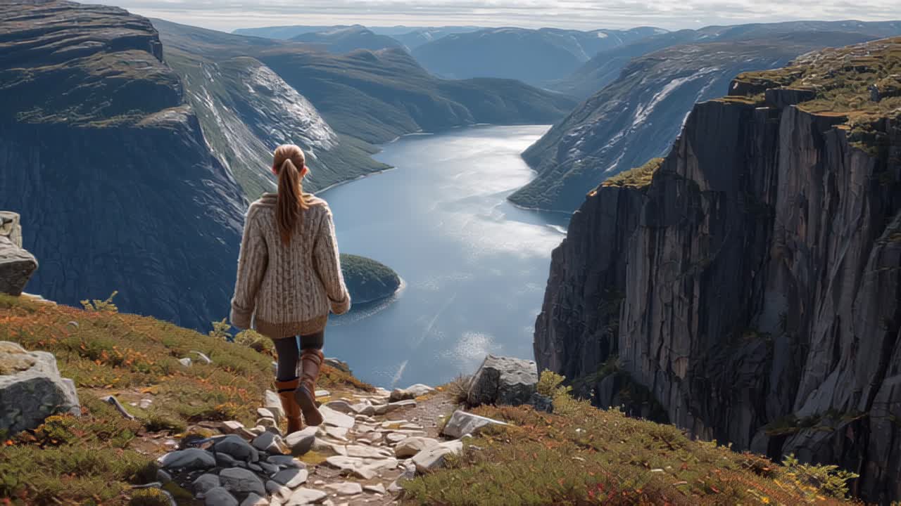 Young woman walks along a rocky cliff path overlooking a stunning mountain fjord, with steep cliffs, calm water and soft daylight creating a peaceful outdoor adventure scene