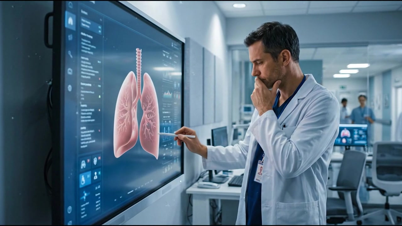 Doctor using telemedicine and interactive screens to review patient information during routine medical assessment and research