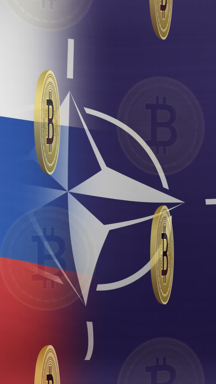 анимация символа биткоина над флагом россии и нато