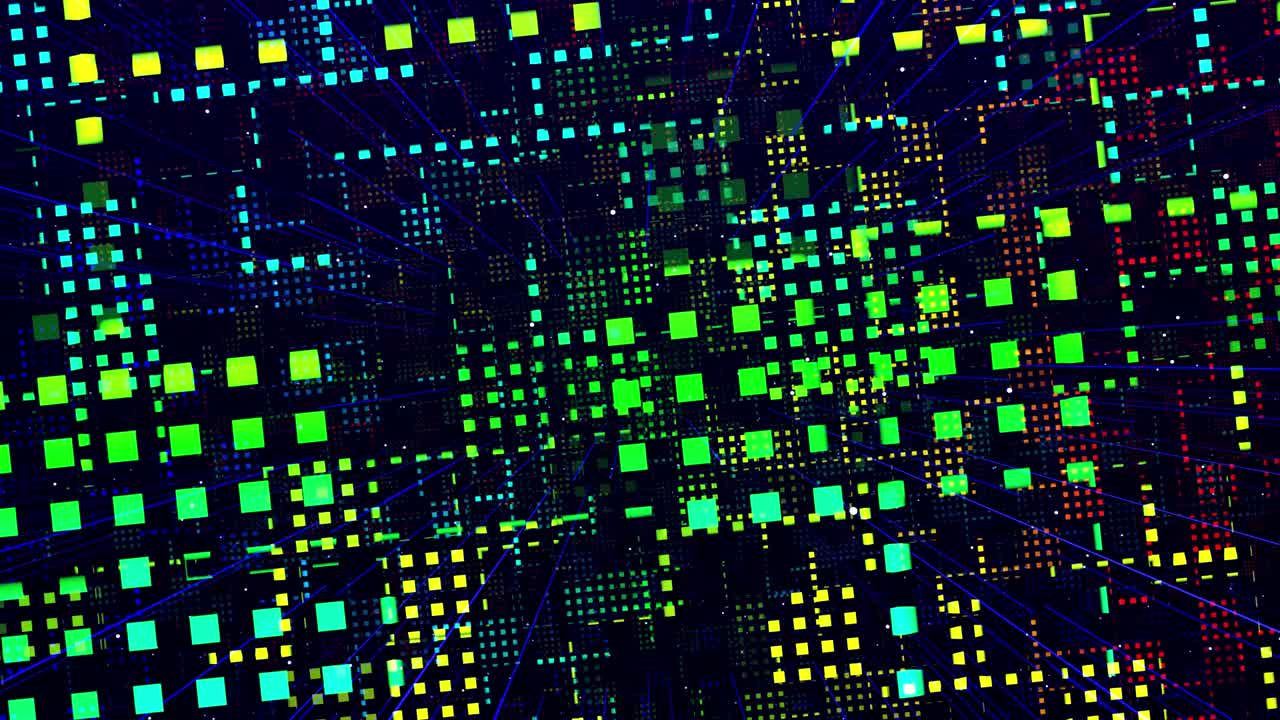 Glow rectangles, streaks and lines. Motion design vj loop. 3d structure. Motion graphic, camera fly throungh abstract art space, multilayer structure with pattern and particles. Rainbow gradient color