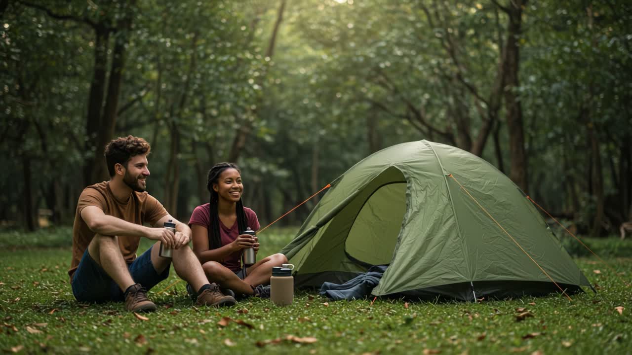 A Serene Camping Experience: A Couple Enjoying Nature's Beauty Together in a Tranquil Forest Setting by Their Tent, Savoring Moments of Connection and Adventure