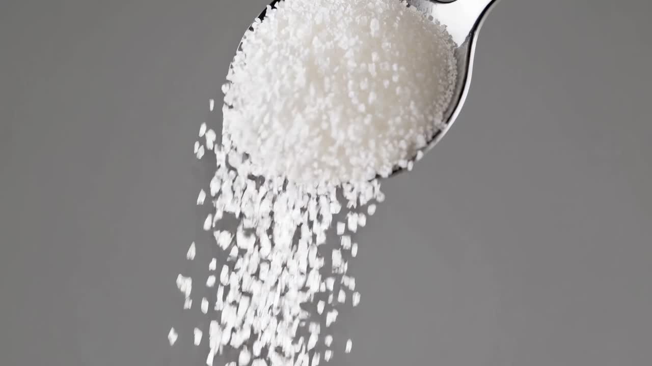 Close-up video of sugar granules cascading from a spoon against a gray background