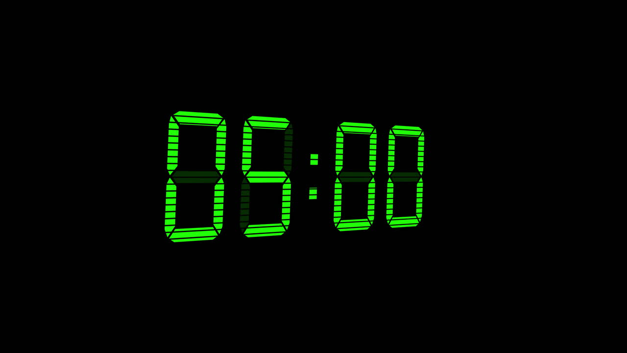 Animation of green digital timer changing on black background