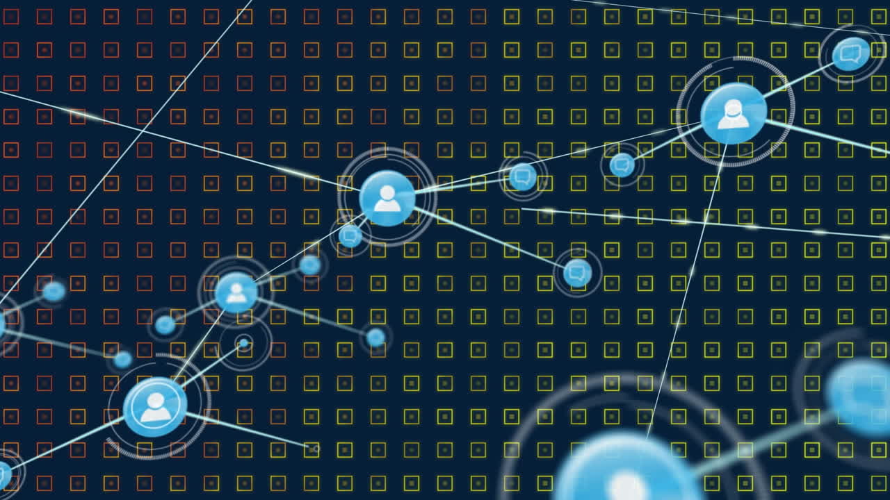 Animation of icons connected with lines over illuminating squares against blue background