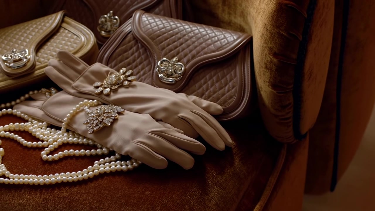 Una raffinata natura morta mostra una borsa trapuntata, guanti, una collana di perle e accessori gioiello disposti su una sedia di velluto in una calda luce interna, con un elegante.