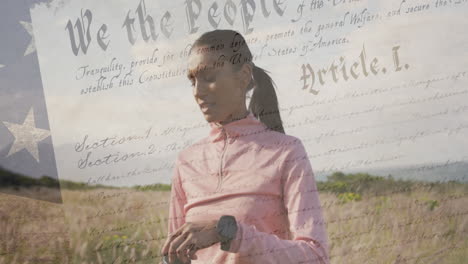 animation of american flag over biracial woman drinking water in mountains