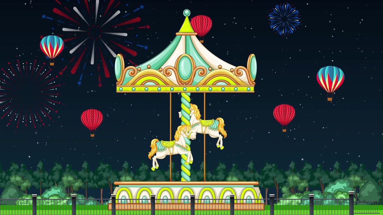 A colorful cartoon carousel rotates under a starry night sky with fireworks and balloons