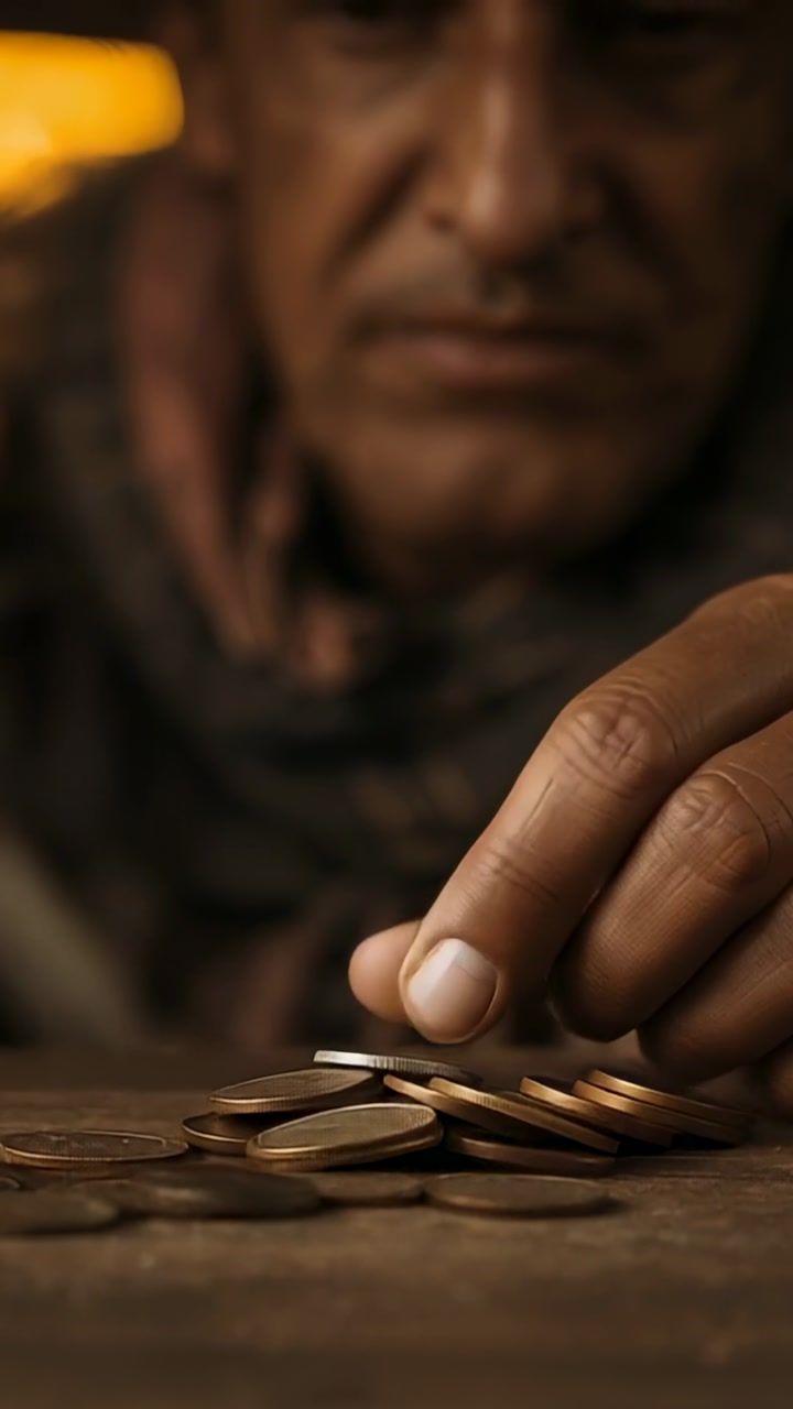 Vertical video: Counting man with scarf and ring stacking coins on worn wood table warm light