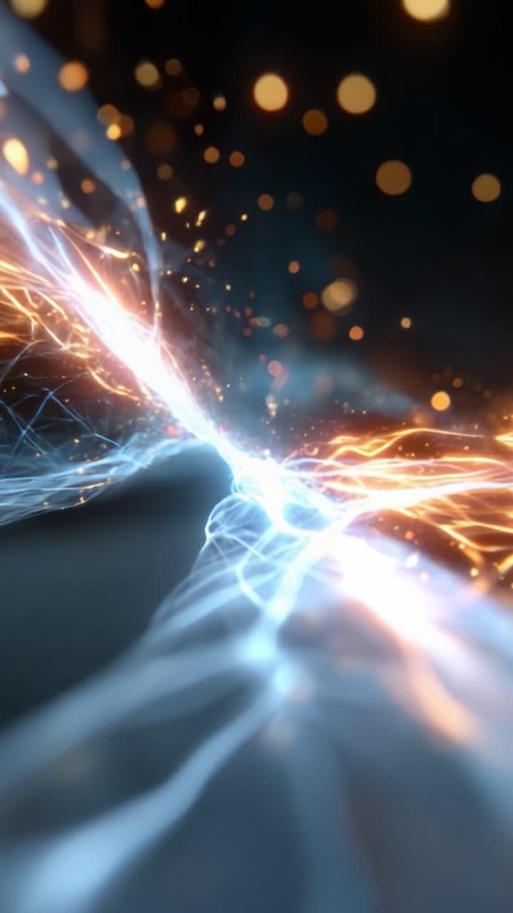 Flusso dinamico di energia: un viaggio visivo attraverso luce e movimento catturato in due fotogrammi di onde vibranti ed eteree e particelle scintillanti nello spazio.