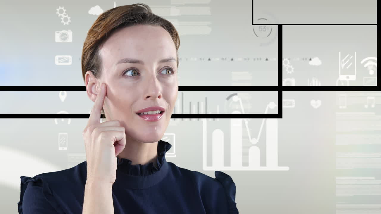 회색 배경의 데이터 처리 인터페이스에 대한 사려 깊은 백인 여성의 애니메이션