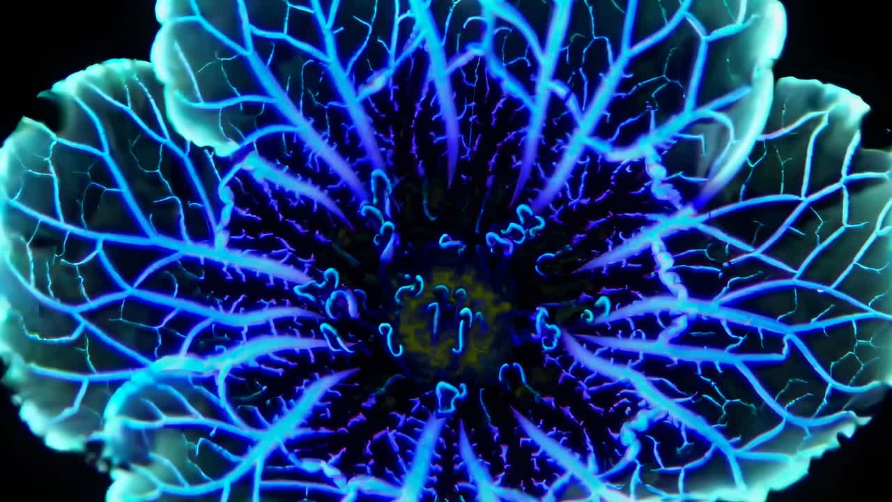 Close-up video of a neon blue flower with glowing veins, shot from above