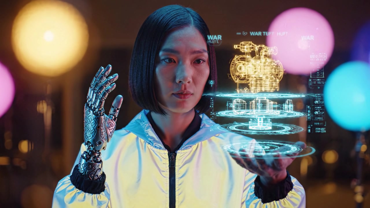 一位数字远见者利用先进技术，展示全息界面和机器人增强功能，象征着创新和未来的可能性。