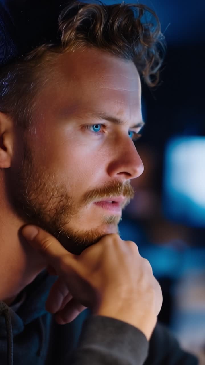Un uomo riflette pensieroso con la mano sul mento. Gli occhi blu brillano in una luce fioca e fredda. Concentrato, contemplativo e assorto nei pensieri. Ideale per scene di decisione, ricerca o lavoro digitale.