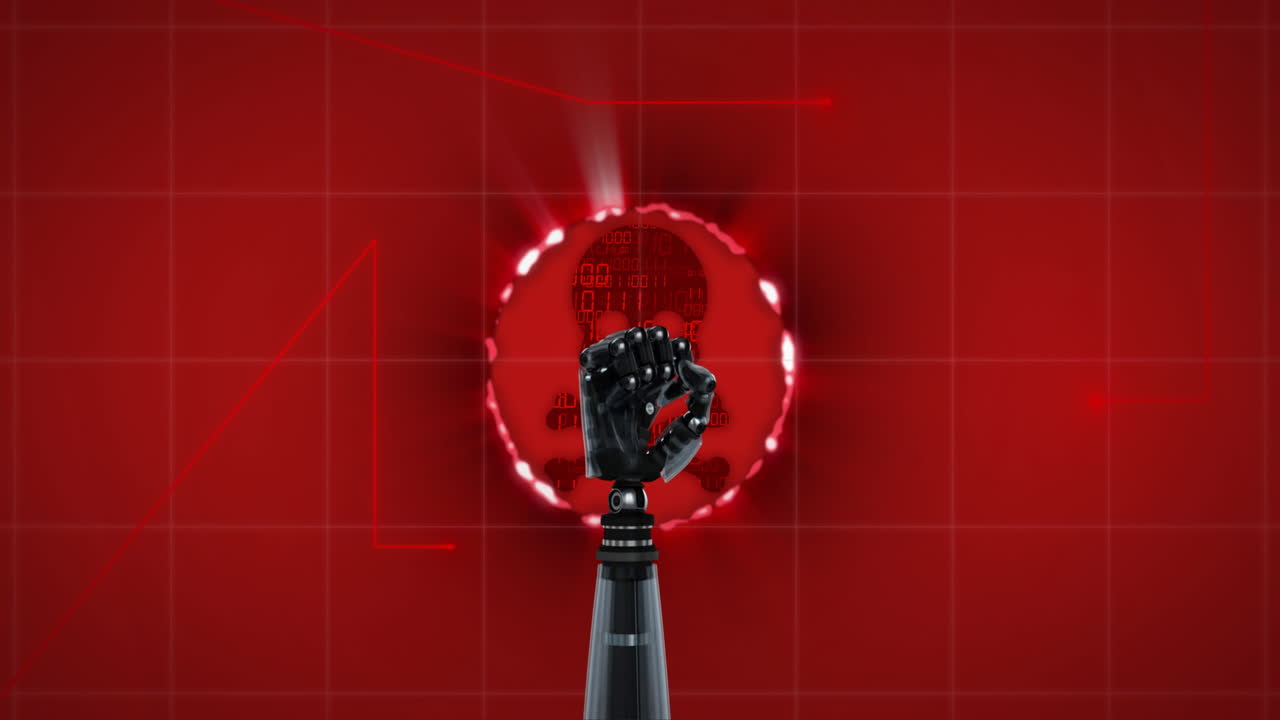 빨간색 디지털 인터페이스와 그리드 배경 위에 주먹을 은 로 손