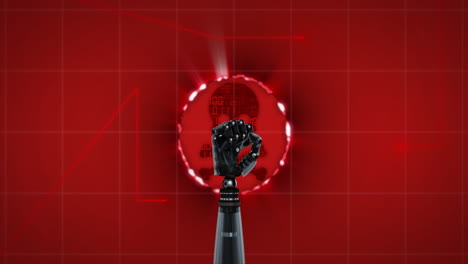 mano robótica con puño cerrado sobre interfaz digital roja y fondo de cuadrícula