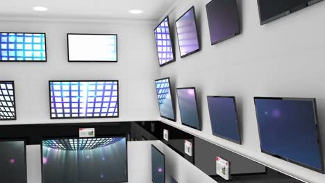 Interior-of-electronics-store-with-synchronized-video-playing-on-screens-of-multiple-televisions