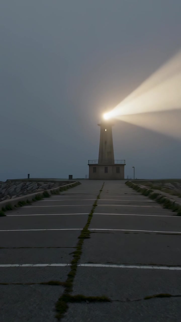 Pionowe wideo: Zapadający zmierzch aktywujący obrotową lampę latarni morskiej na grobli, prowadzącą statki