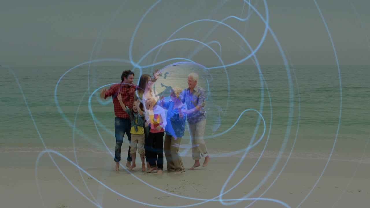 Family jumping and huddling on beach, globe appearing over group with blue orbiting trails for tech