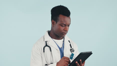 doctor, man and tablet with smile