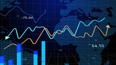 animation of graphs, numbers and world map on navy background
