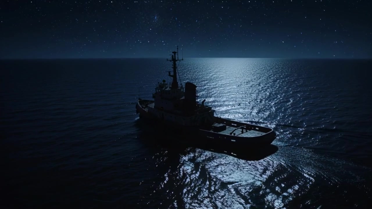Inquadratura iniziale che mostra un'imbarcazione da lavoro che va alla deriva in mare di notte, mantenendo la rotta con l'albero e la scia.