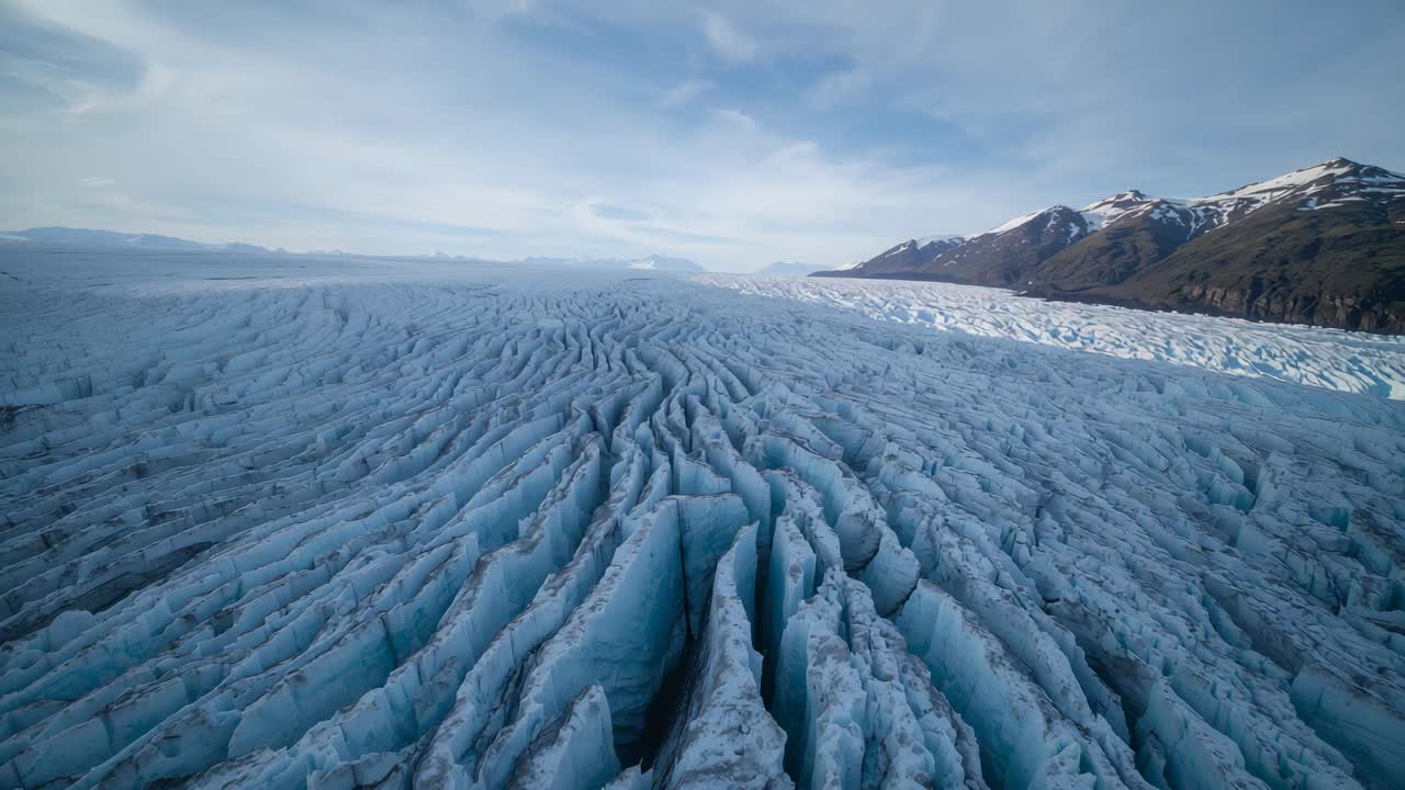Aereo in fase di atterraggio che scende su un ghiaccio crepato, che mostra dettagli e catena montuosa innevata adatta alla mappatura