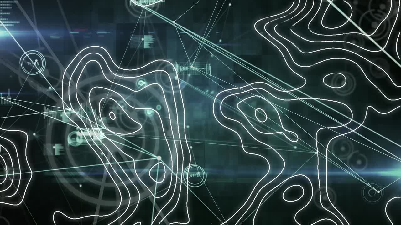 animación de isohypses sobre una red de conexiones sobre fondo negro