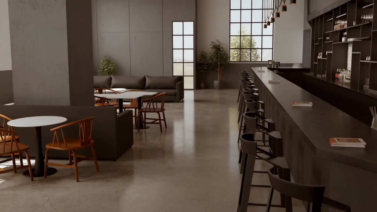 Interno moderno di bar e ristorante vuoto