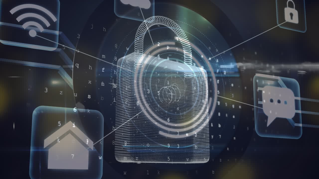 animación de los iconos de las aplicaciones informáticas sobre el candado contra números, letras, símbolos en el fondo