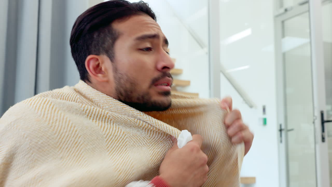 Sick, covid virus or allergy man with cold