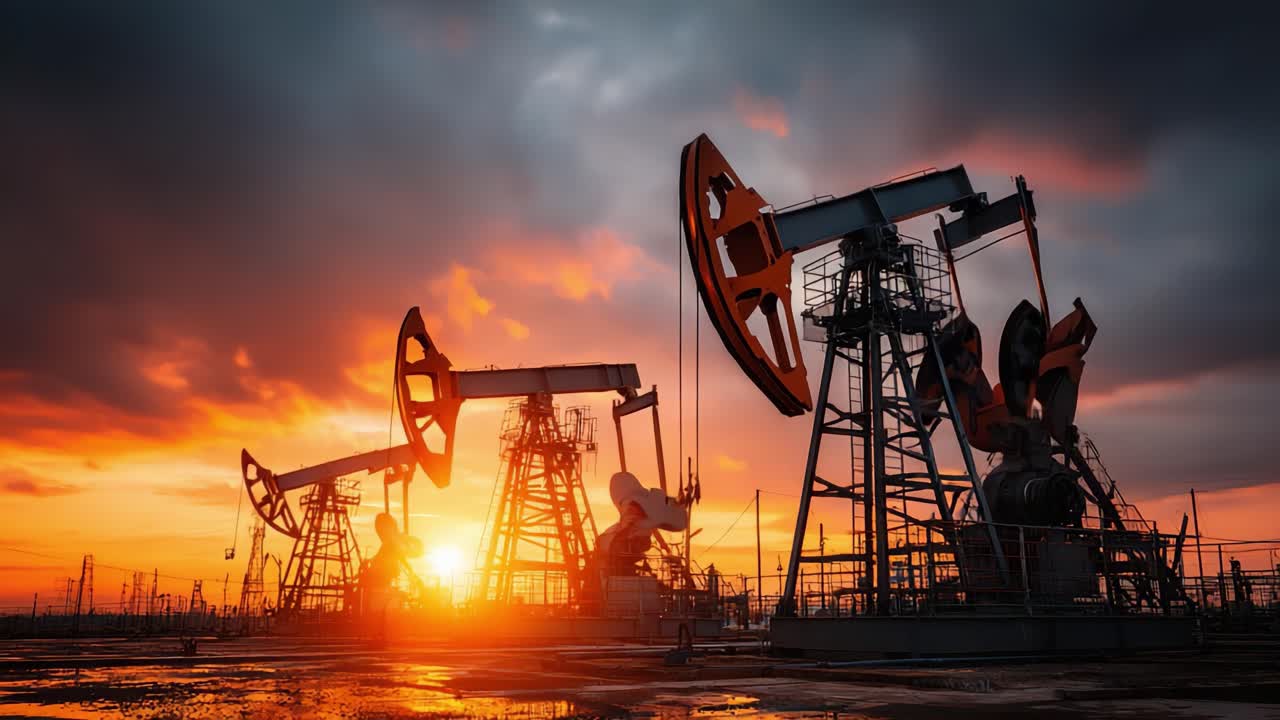 Petrol Pompaları Üzerinde Dramatik Gün Batımı: Turuncu, Kırmızı ve Mor Tonlarında Canlı Bir Gökyüzüne Karşı Silüet Oluşturan Endüstriyel Makinelerin Büyüleyici Manzarası