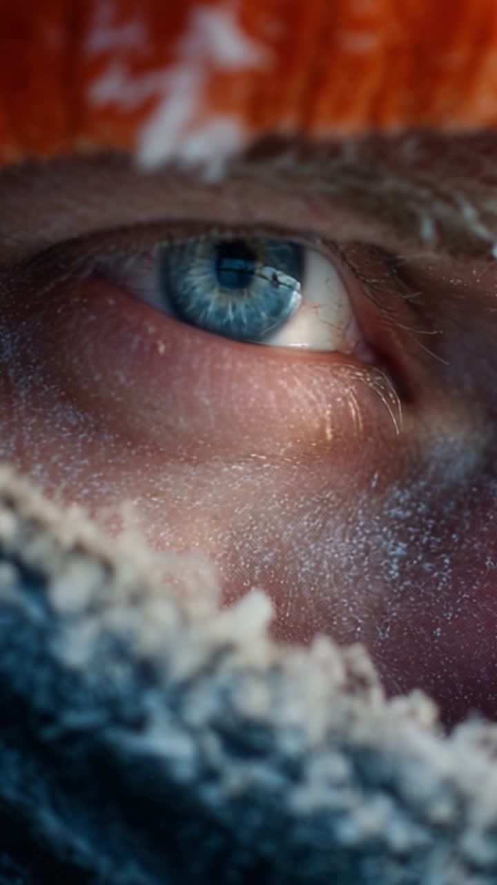 Primer plano de un ojo escarchado en un paisaje invernal, capturando la belleza y la fuerza de la naturaleza contra los elementos en una impresionante toma de detalle