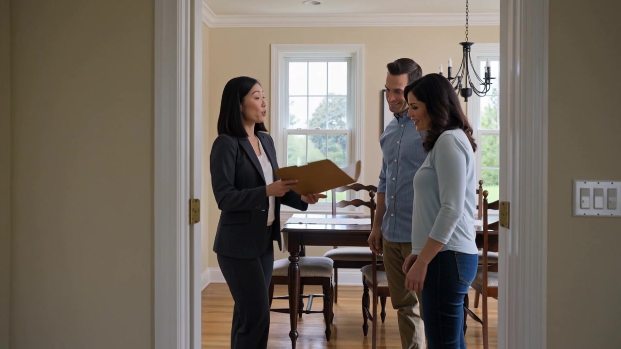 Brown folder appearing, suited agent entering dining room, showing docs, couple examining as buyers