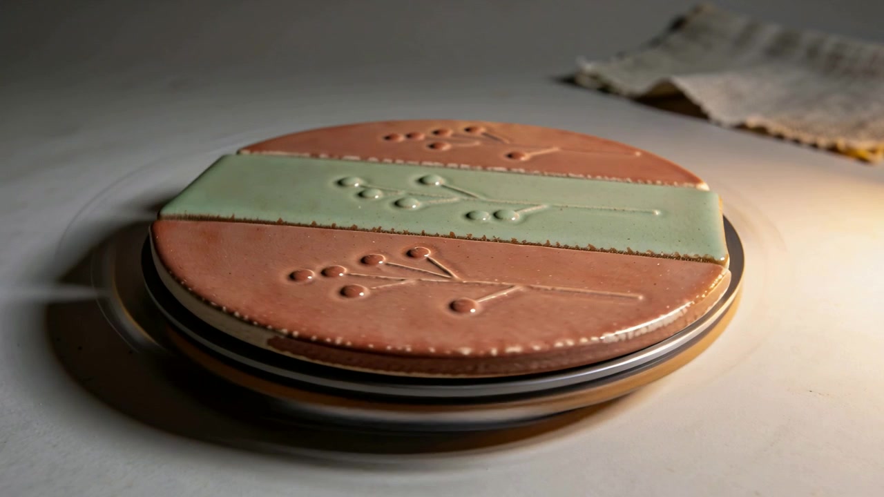 Turntable engaging, rotating stacked ceramic coasters to reveal embossed branch on table, napkin
