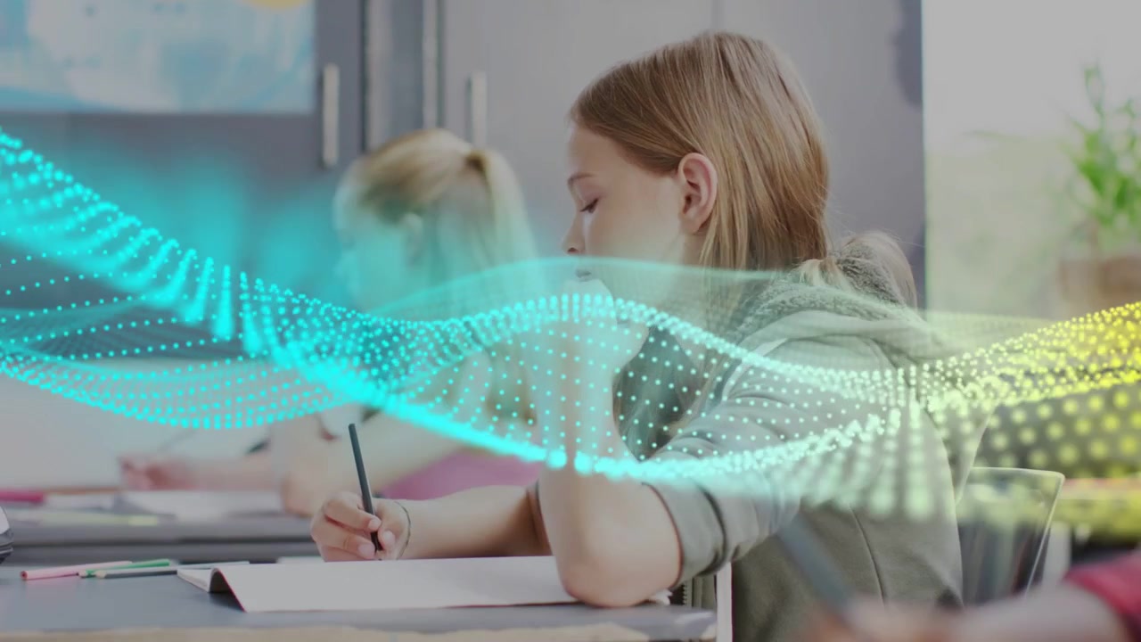 Front desk student in class after listening taking notes while turquoise particle wave passing over