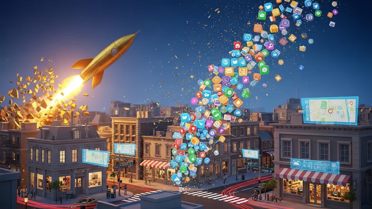 An explosive launch of digital innovation illustrated by a rocket ascending into the night sky, scattering vibrant icons and symbols across a lively urban landscape.
