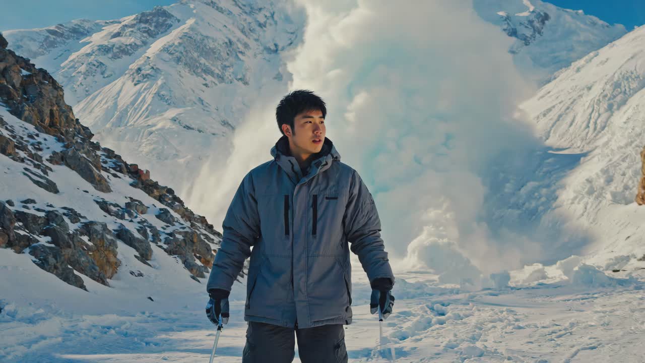 Man in snowy mountains