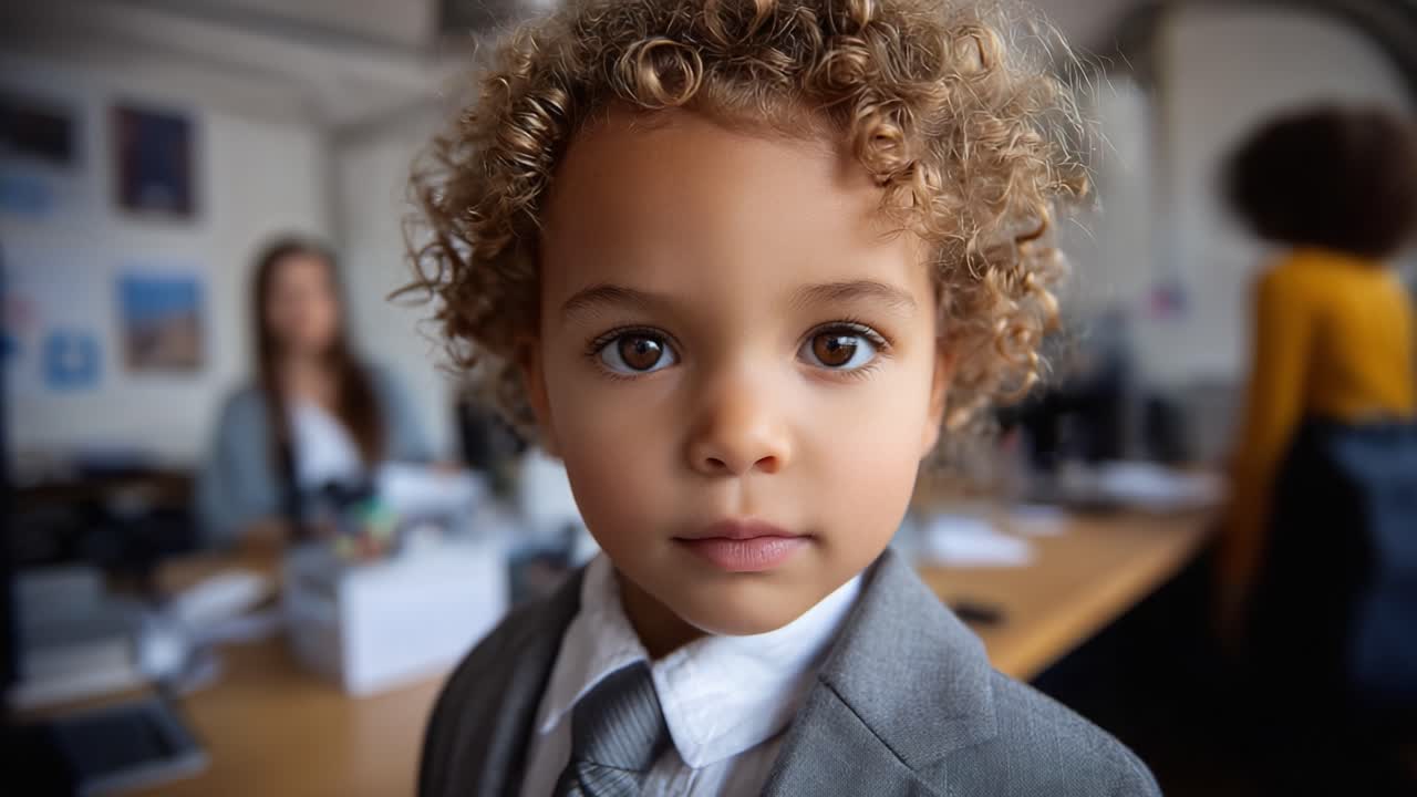Un bambino piccolo in abito elegante posa con sicurezza in un ufficio, mettendo in mostra i suoi capelli ricci e gli occhi espressivi mentre sullo sfondo si svolge un'attività.