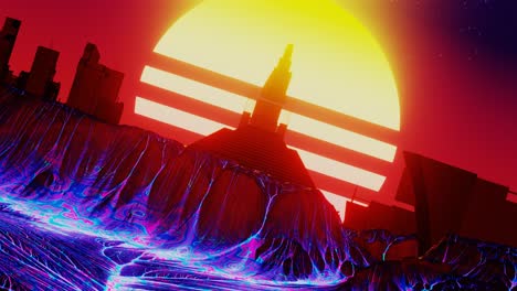 retro futurism city with boiling lava and vintage sun