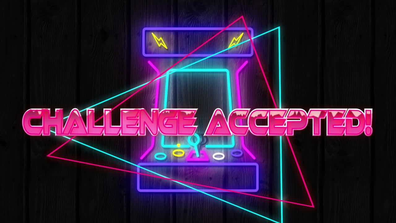 다채로운 네온 아케이드 위에 도전 받아들여진 텍스트의 애니메이션